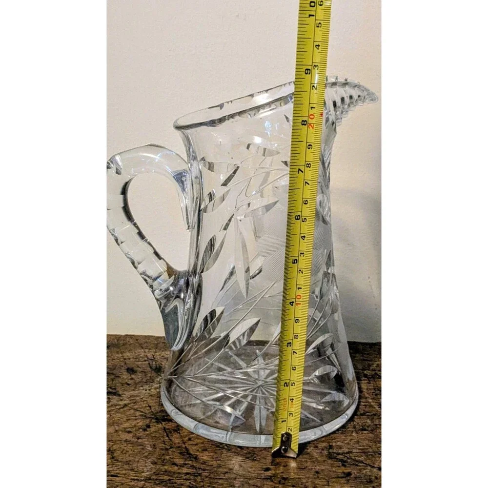 Antique Cut Glass Crystal Water Pitcher Intaglio Daisy Flower Leaf 8.5